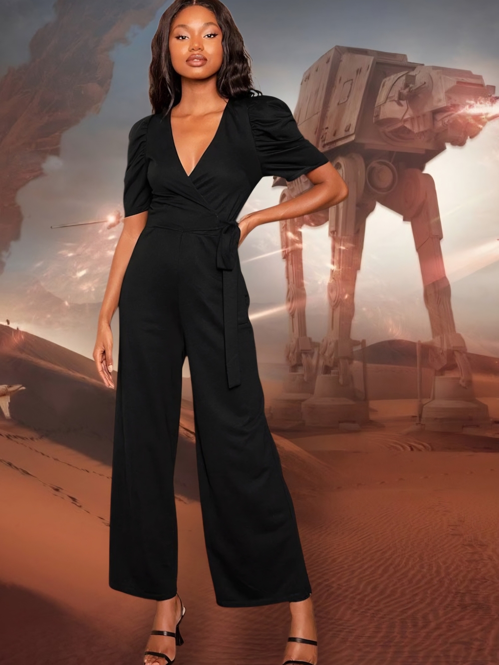 Lulu's Black V-Neck Wrap Jumpsuit with Tie Waist